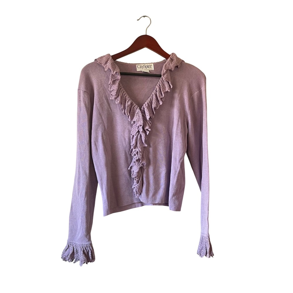 Y2k 90s Lavender Ruffle Crochet Knit Cardigan Sweater Purple Womens Petite L